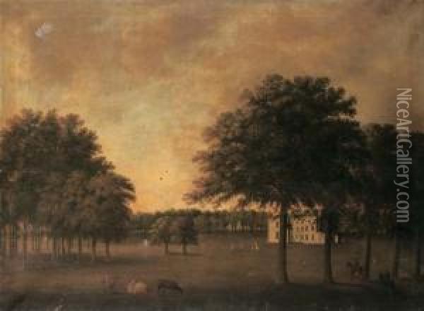 A Georgian Country House In A Parkland, With Figures, Dogs And Cattle In The Foreground Oil Painting - Maria Spilsbury