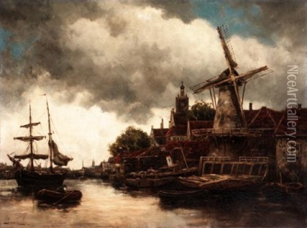 Dutch Harbour Views (pair) Oil Painting - Hermanus Koekkoek the Younger