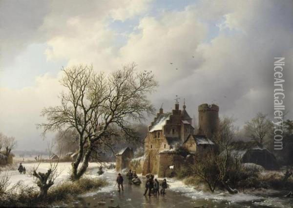 Le Vieux Manoir: Skaters On The Ice In A Wooded Landscape Oil Painting - Barend Cornelis Koekkoek