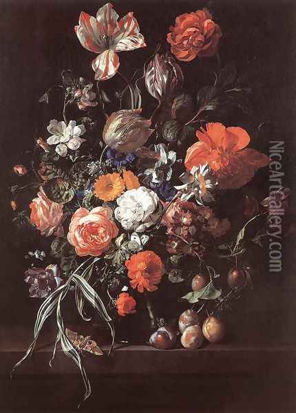 Still-Life with Bouquet of Flowers and Plums Oil Painting - Rachel Ruysch