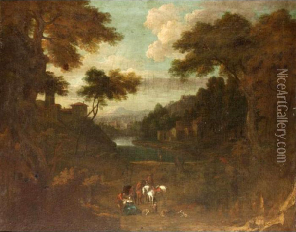 Figures Resting In A Classical Landscape Oil Painting - Cornelis Huysmans