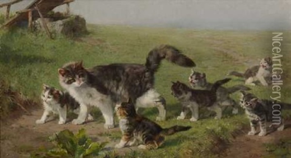 Katzenmutter Mit Ihren Jungen Auf Der Wiese Oil Painting - Julius Adam the Younger