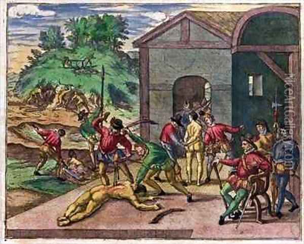 Cruelty of the Spanish Colonists towards the Indians, Mexico Oil Painting - Theodore de Bry