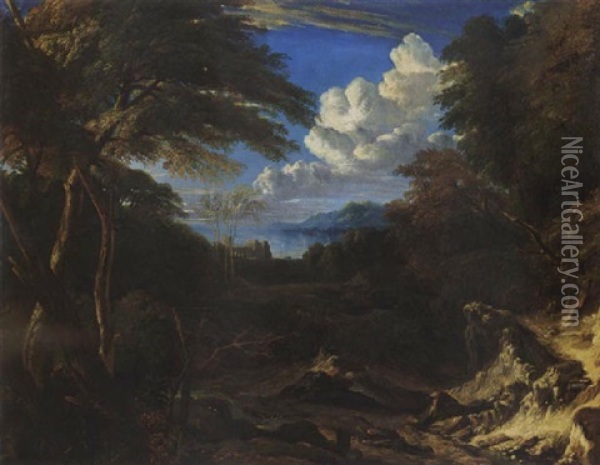 An Italianate Wooded Dune Landscape With A Bay Beyond Oil Painting - Cornelis Huysmans