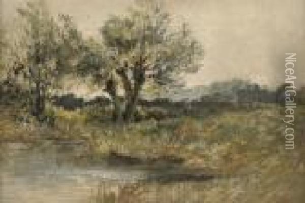 A Wooded Riverbank Oil Painting - Leopold Rivers