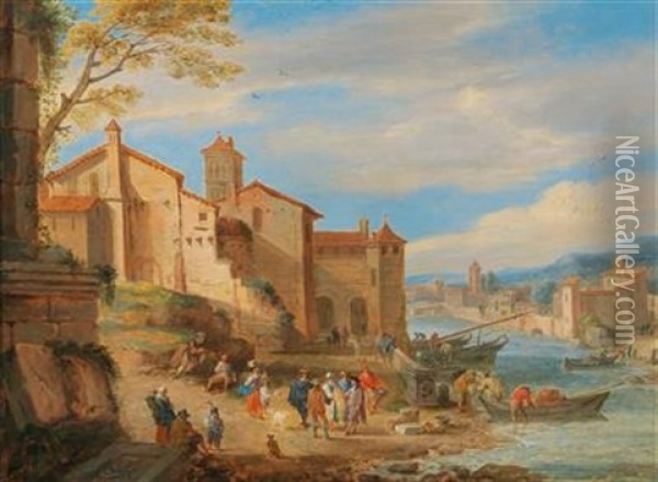 The Port Of Ripa Grande In Rome With Merchants Conversing Oil Painting - Adriaen Frans Boudewyns the Elder