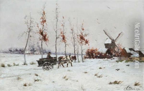 Winter View With Farmer And Ox-cart Oil Painting - Frans Van Damme