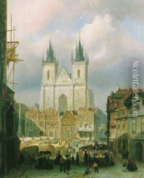The Old Market Place At Prague Oil Painting - Pieter Cornelis Dommershuijzen