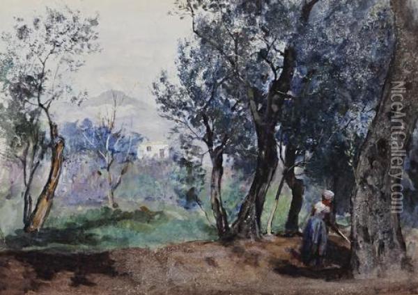 Maid Working In Woodland On A Hillside, Possibly Italy Oil Painting - Frederick William Jackson