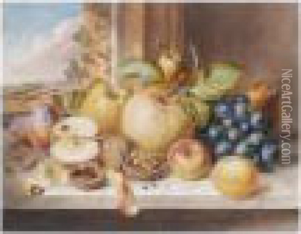 Still Life With Fruit And Walnuts On A Marble Ledge Oil Painting - Augusta Innes Withers