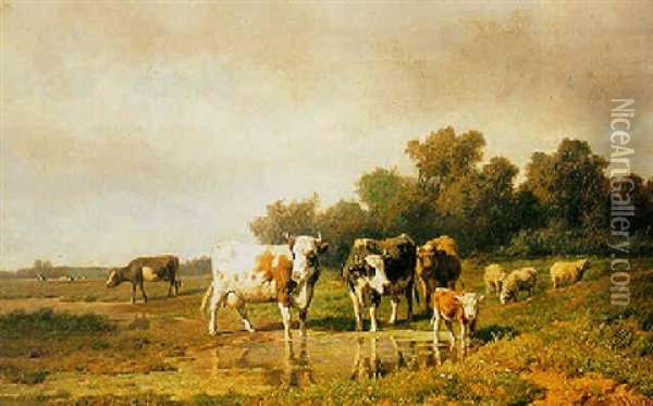 Cattle In A Landscape Oil Painting - Henri (Hendrik Martinus) Savry