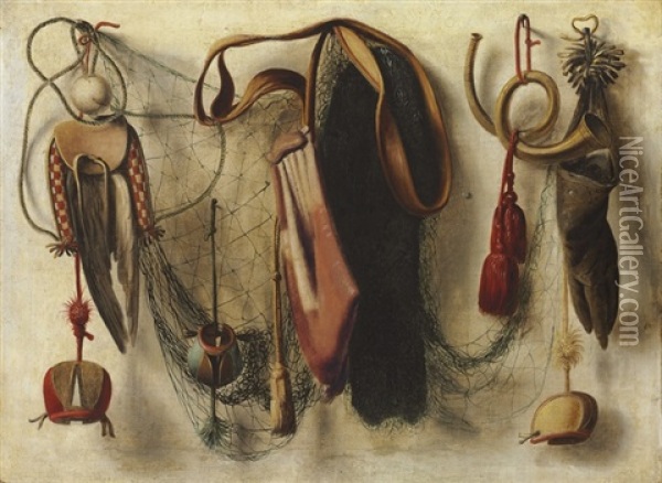 A Trompe L'oeil Of Hawking Equipment, Including A Glove, A Net, And Falconry Hoods, Hanging On A Wall Oil Painting - Christoffel Pierson