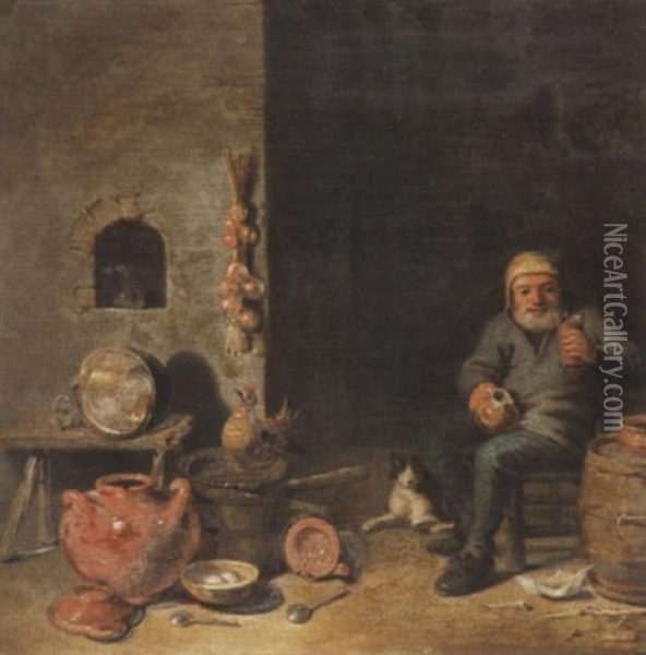 Interieur Mit Einem Trinkenden Bauern Und Steinguttopfen Oil Painting - Pieter Jacobsz Duyfhuysen