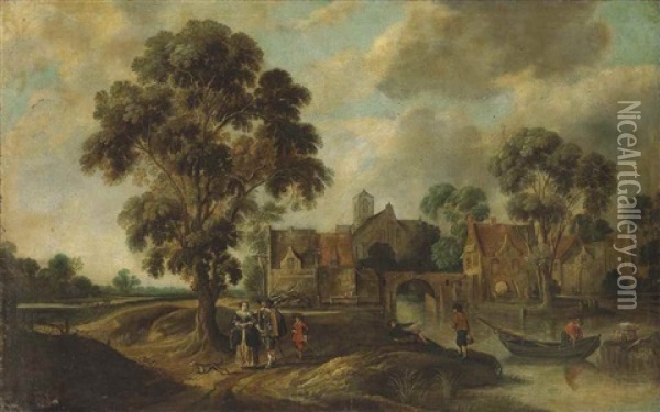 A Wooded River Landscape With Figures Strolling On A Path By A Village And Others Conversing By The Water Oil Painting - Jan Wildens