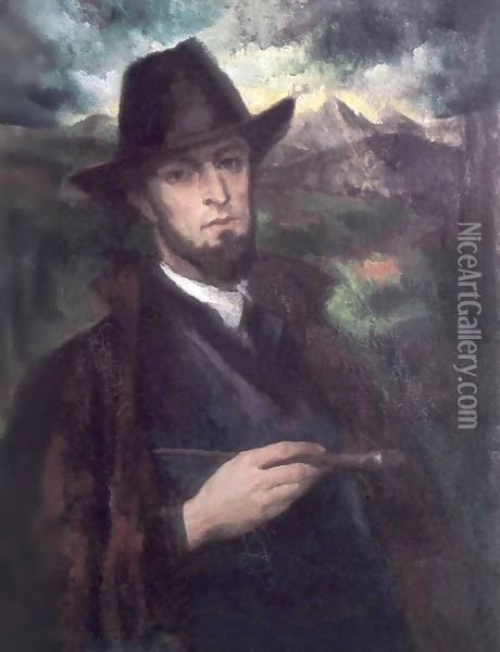 Self-portrait in Black Hat c 1926 Oil Painting - Lajos Nandor Varga