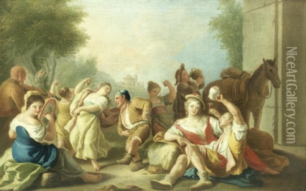 Figures Drinking And Dancing In A Landscape Oil Painting - Pietro Bardellino