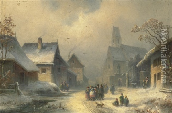 Winterliche Dorfstrase Mit Kirchgangern Oil Painting - Anton Doll