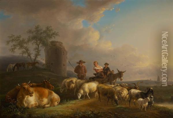 Bergers Conversant Au Coucherdu Soleil Oil Painting - Jean-Baptiste De Roy