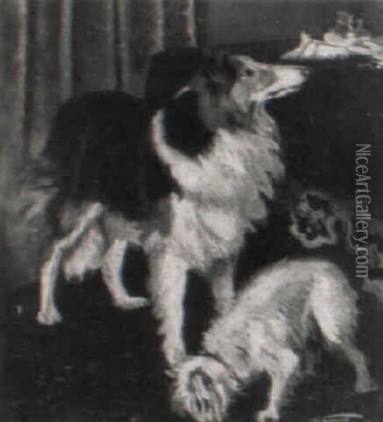 Zwei Hunde In Einem Salon Nahe Einem Tisch Oil Painting - Bernhard Buttersack