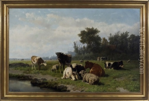 Pastoral Scene Of Cows And Sheep By A River Oil Painting - Hendrik Savry