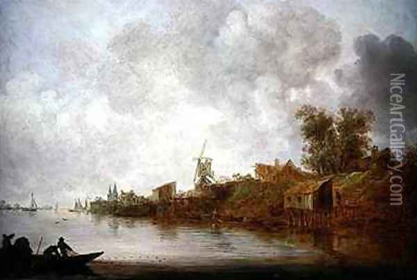 A river landscape with fishermen hauling their nets Oil Painting - Jan van Goyen