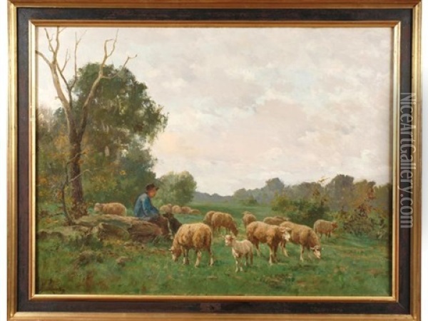 Jeune Berger Et Troupeau De Moutons Oil Painting - Clement (Charles-Henri) Quinton