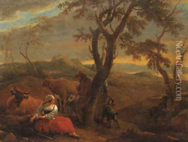 A peasantwoman resting at the foot of a tree in an Italianate landscape, at sunset Oil Painting - Nicolaes Berchem