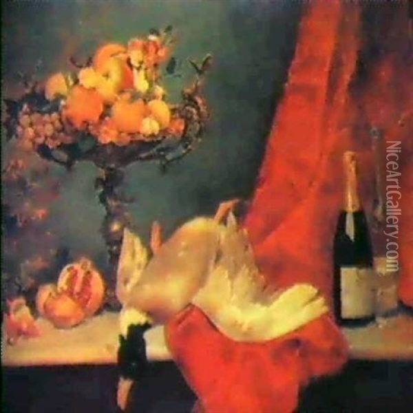 Bodegon Con Pato, Frutero, Granada                          Y Botella De Champagne Oil Painting - Bartolome Maura Y Montaner