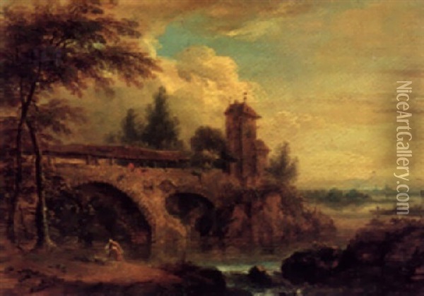 River Landscape With A Lady Bathing Near A Bridge And Some Buildings Oil Painting - Christian Georg Schuetz the Younger