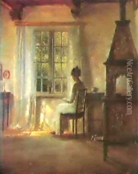 Interior Med Laesende Ung Pige Oil Painting - Carl Vilhelm Holsoe