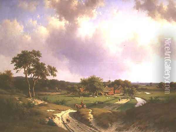 An extensive landscape with a farm and peasants on a path Oil Painting - Willem Vester