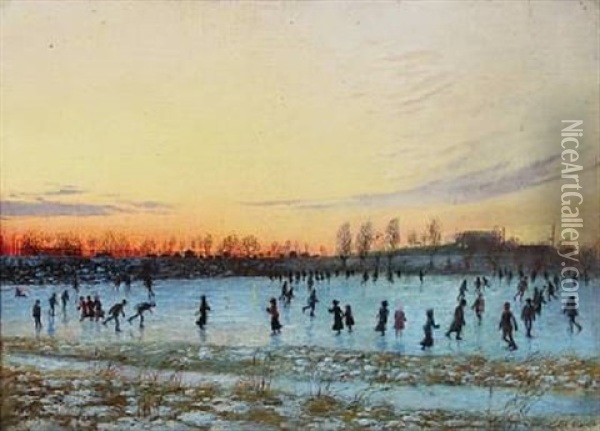 Wintry Landscape From Bellahoj With Skaters Oil Painting - Hans Andersen Hansen