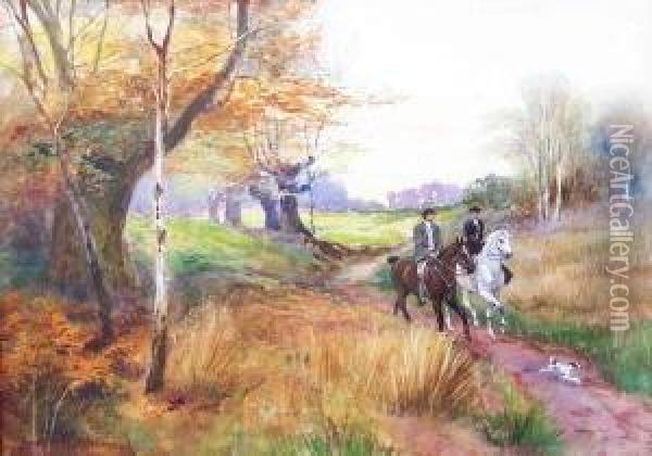 Herbstliche, Baumbestandene Wiesenlandschaft Mit Zwei Reitern Und Vorauslaufendem Hund Oil Painting - J. Nelson Drummond
