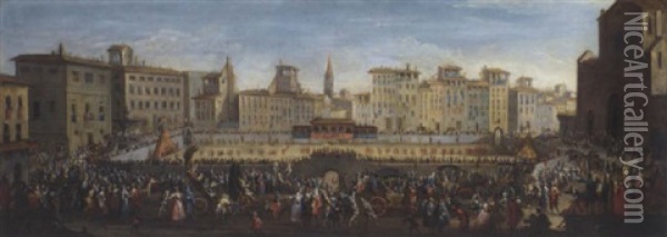 The Piazza Santa Croce Florence, Looking North, With The Festa Del Calcio Oil Painting - Gherardo Poli