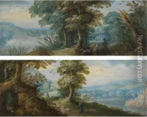 A Pair Of Wooded Landscapes Oil Painting - Jasper van der Lamen