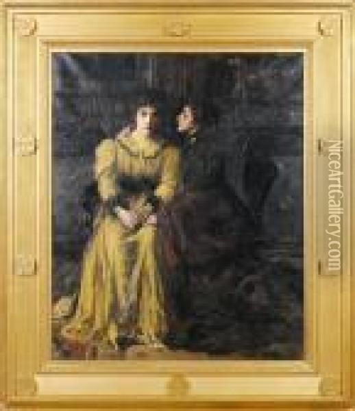 Two Ladies In An Interior Oil Painting - Thomas E. Mostyn