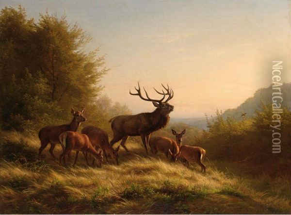 Deer In A Landscape Oil Painting - Johannes Christian Deiker