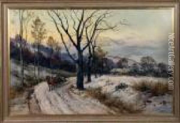 Winter Scene With Horsedrawn Carriage On Snow Covered Road,house In Distance Oil Painting - James Brade Sword