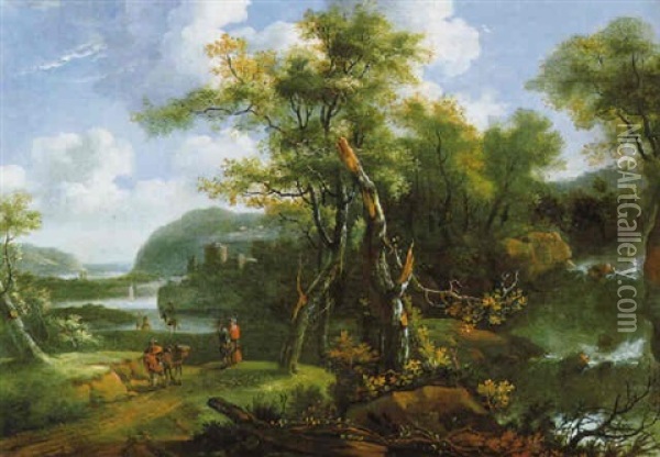 Gebirgige Waldlanschaft Mit Einem Wasserfall Und Reisenden Oil Painting - Willem Hendriksz Verboom