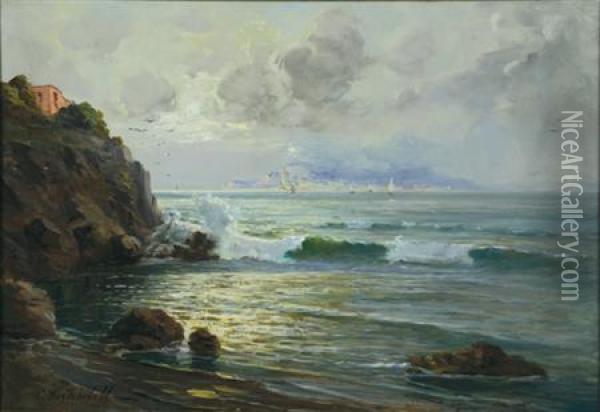 Sunlight Breaking On A Rocky Shore With A Coastal Town In The Distance Oil Painting - Constantin Alexandr. Westchiloff