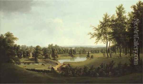 View of a parkland on the Thames, possibly Dorchester House (later Ham Court), near Weybridge Oil Painting - Thomas Christopher Hofland