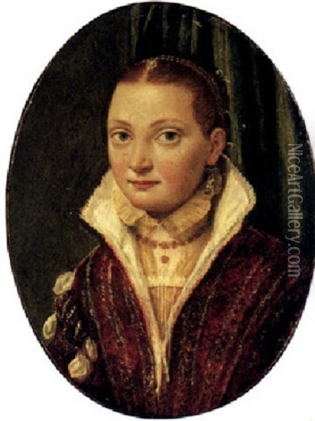 Portrait Of Sofonisba Anguissola, Half Length, Wearing A Red Doublet Over A Cream Shirt, With Blue Pearl Drop Earrings Oil Painting - Lucia Anguissola