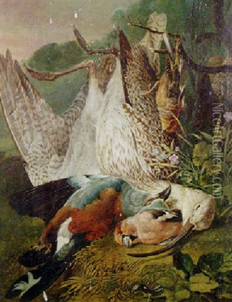 Still Life Of A Curlew, Roller, Hawfinch, And Lizard In A Landscape Oil Painting - Philipp Ferdinand de Hamilton