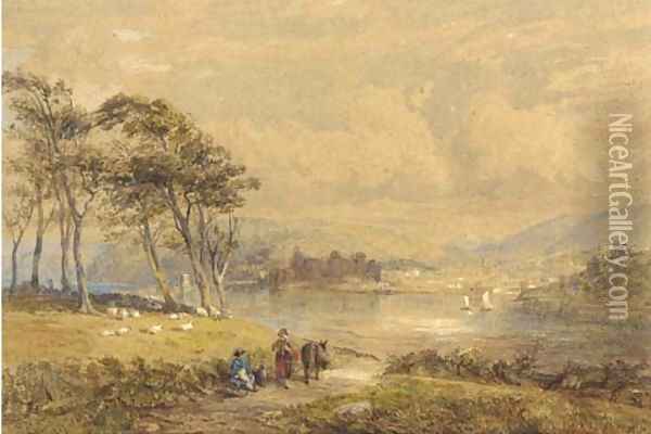 Figures resting beside a lake, a town in the distance Oil Painting - George Haynes