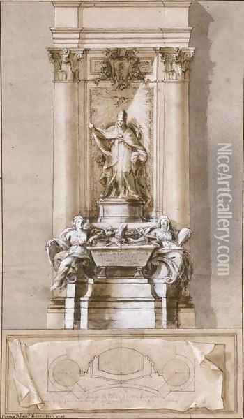 Design for the tomb of Pope Clement XI Albani with allegories of Strength and Religion flanking a sarcophagus Oil Painting - Pietro Bracci