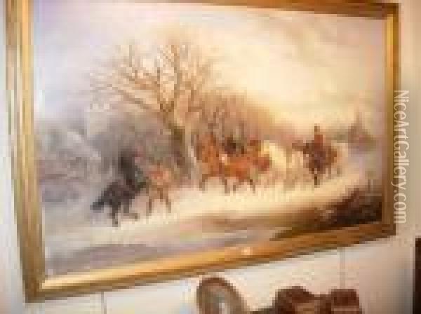 A Snow Covered Landscape With Horses And Riders Oil Painting - Alexis de Leeuw