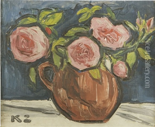 Roses In Vase Oil Painting - Kazimierz Zieleniewski