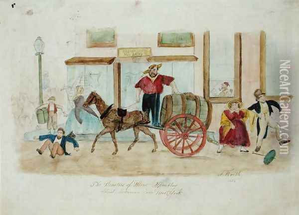 The Beauties of Street Sprinkling, New York City, 1856 Oil Painting - Thomas Worth