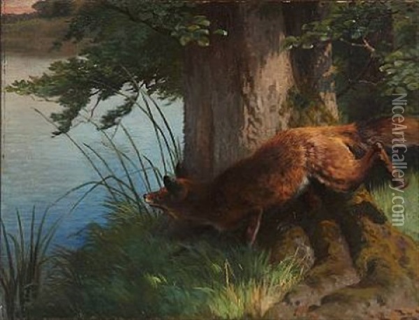 Afox In A Forest Oil Painting - Adolf Heinrich Mackeprang