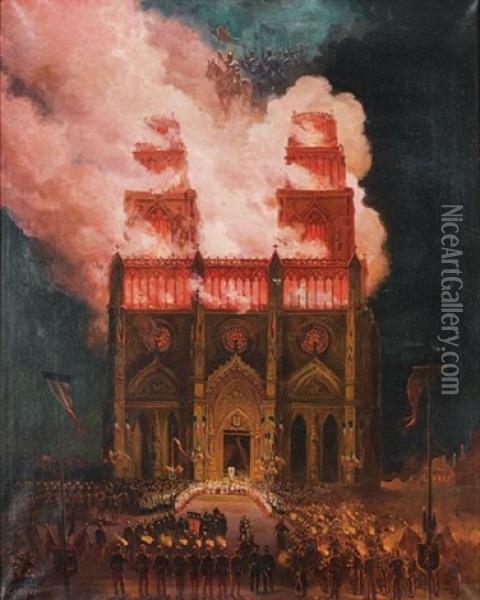 Celebration Pyrotechnique En L'honneur De Jeanne D'arc  A La Cathedrale D'orleans Oil Painting - Charles Dominique Oscar Lahalle